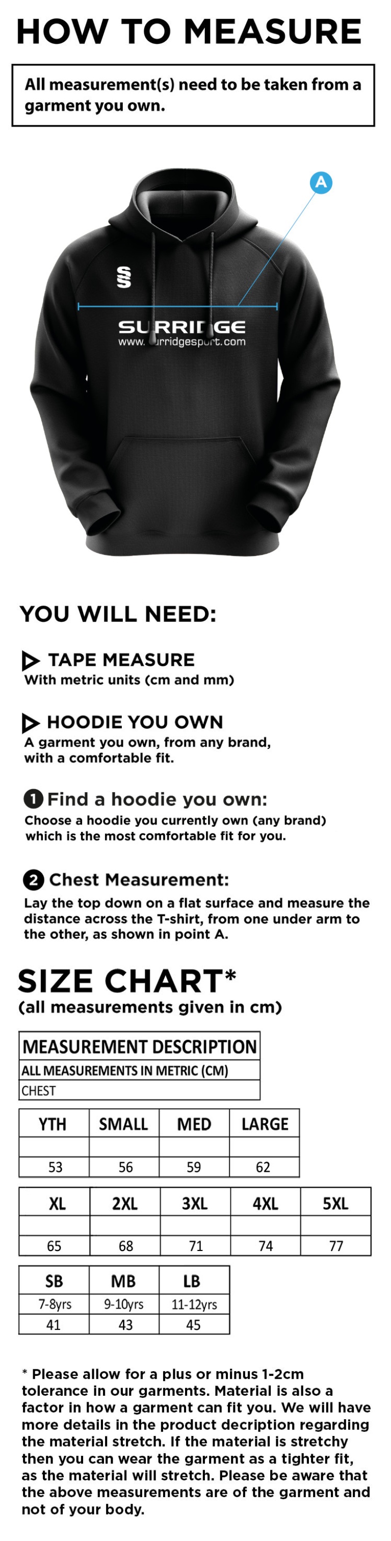 Kelburne HC - Mens Blade Hoody - Size Guide