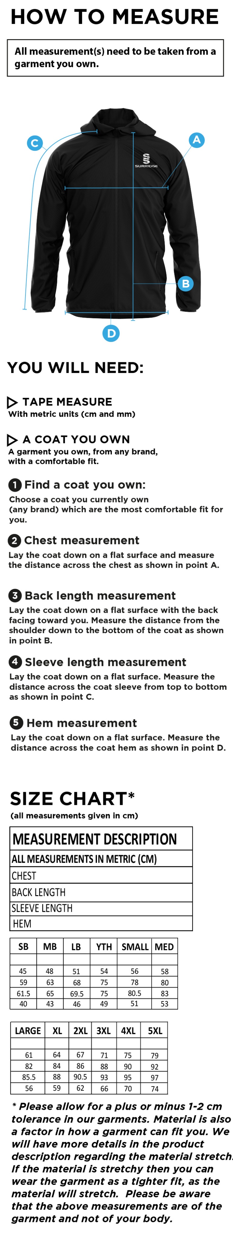 Kelburne HC - Mens Dual Full Zip Training Jacket - Size Guide