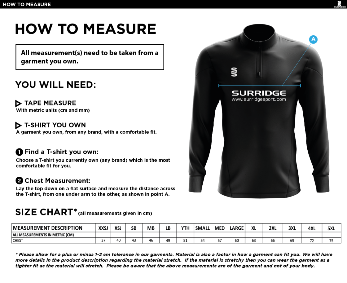 Kelburne HC - 1/4 Zip Dual Performance Top - Size Guide