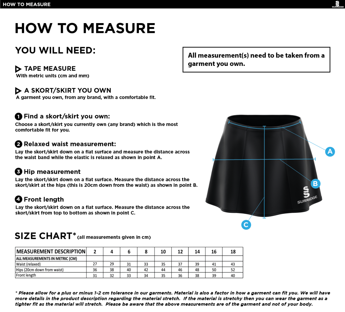 Kelburne HC - Blade Skort - Size Guide