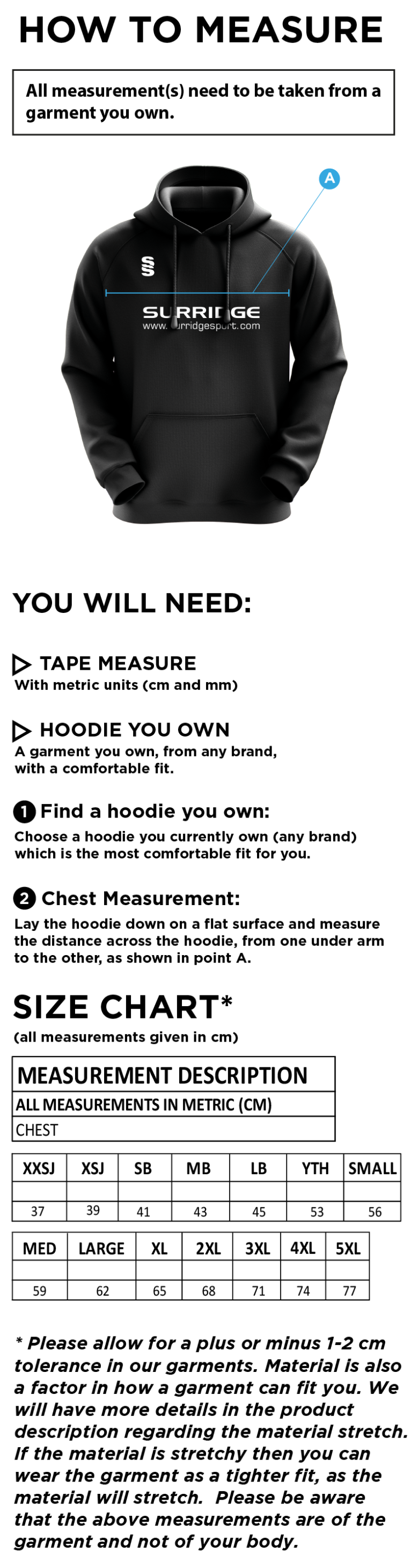 Kelburne HC - Fuse Hoody - Size Guide