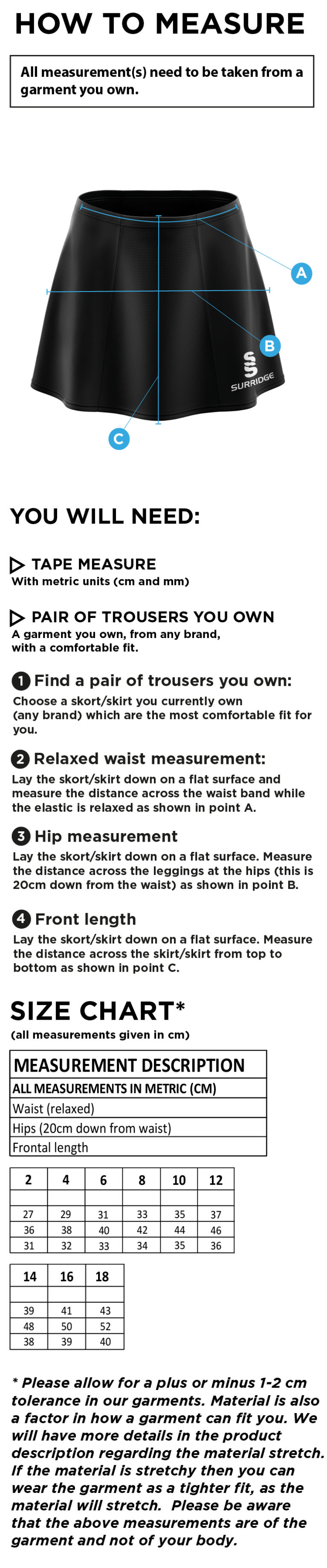 Kelburne HC - Blade Skort - Size Guide
