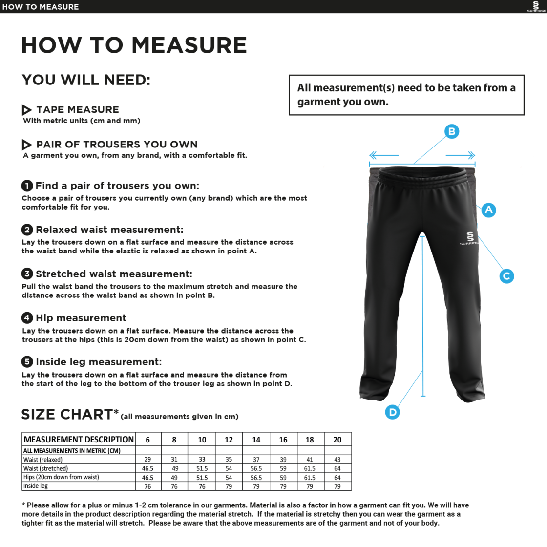 Kelburne HC Junior Academy - Dual Poplin Track Pant with Lycra - Girl's Fit - Size Guide