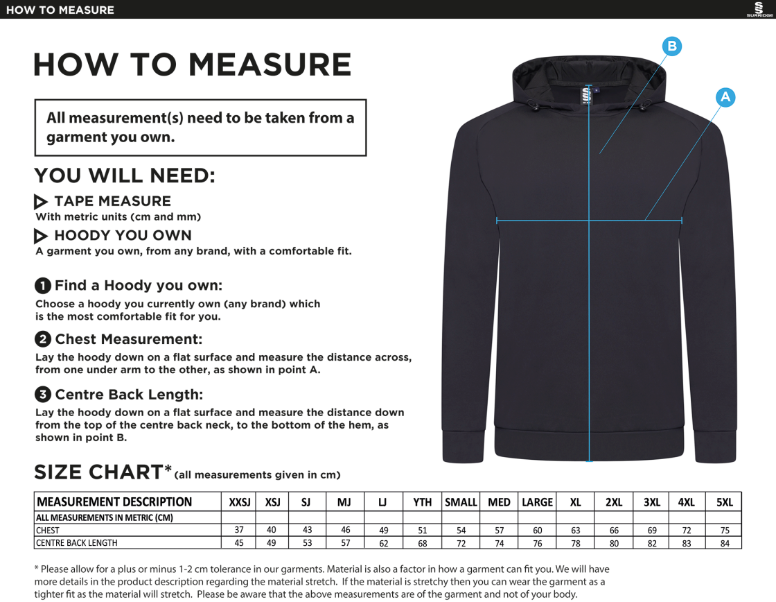 Kelburne HC - Active Hoody - Size Guide