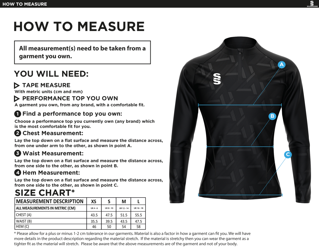 Kelburne HC Junior Academy Coaches - Impact 1/4 Zip Performance Top - Women's Fit - Size Guide