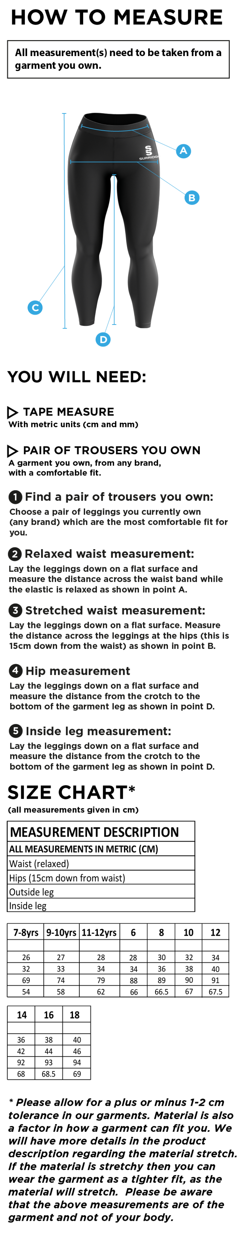 Kelburne HC - Performance Full Length Leggings - Size Guide