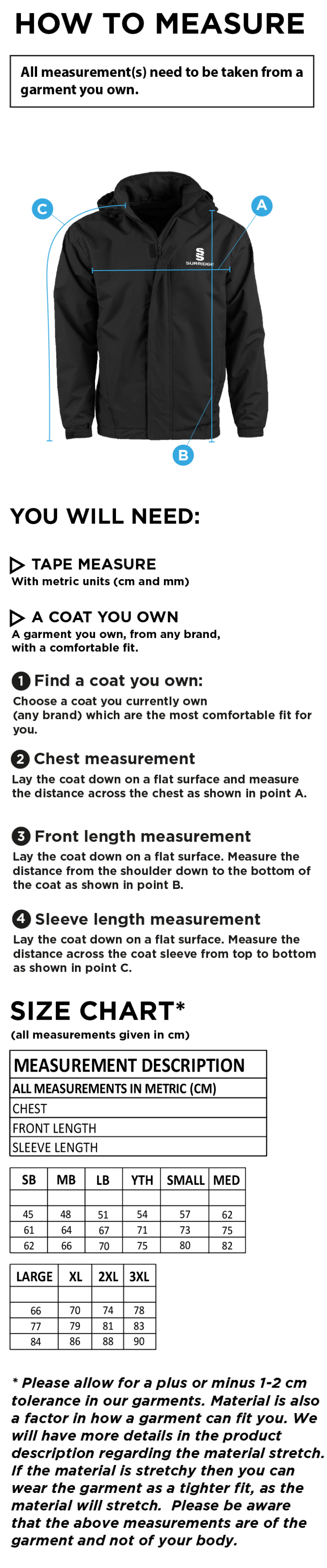 Kelburne HC - Mens Dual Fleece Lined Jacket - Size Guide