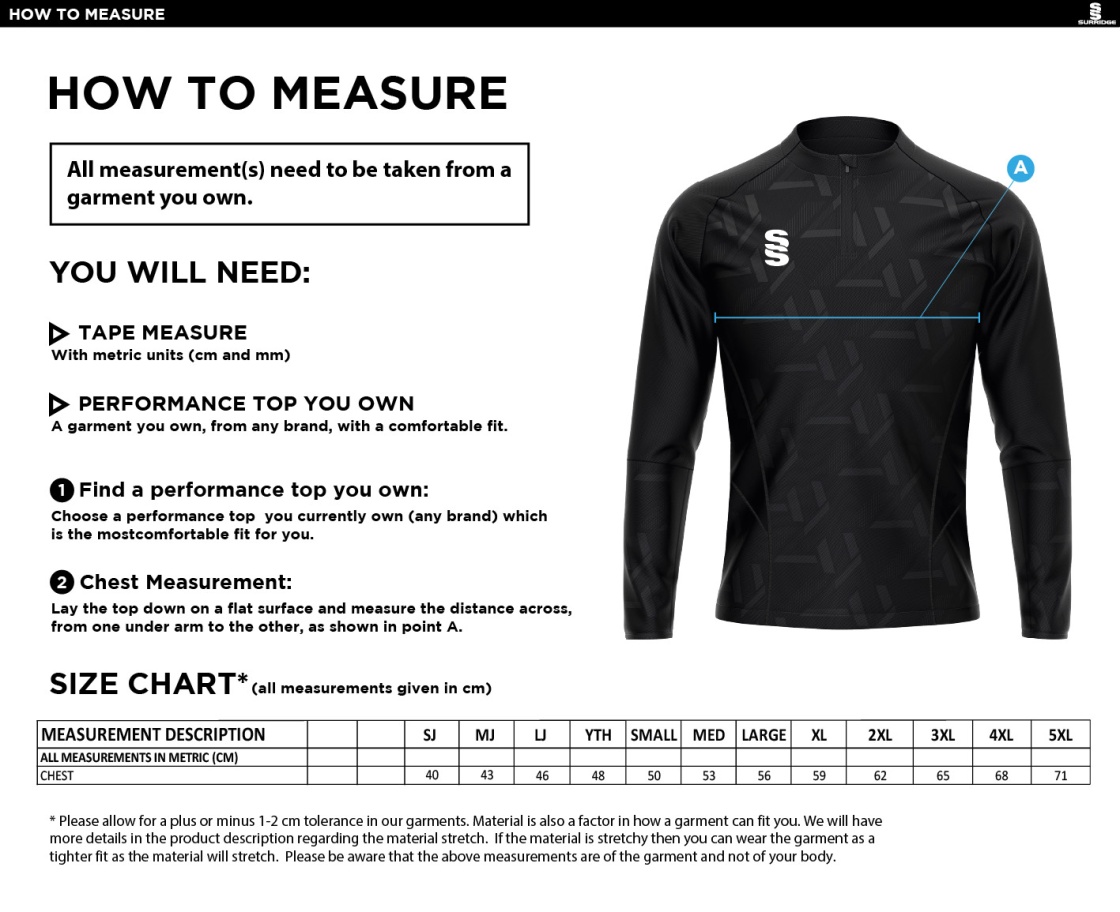 Kelburne HC Junior Academy Coaches - Impact 1/4 Zip Performance Top - Unisex Fit - Size Guide