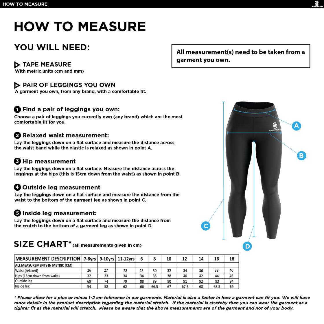 Kelburne HC - Performance Full Length Leggings - Size Guide