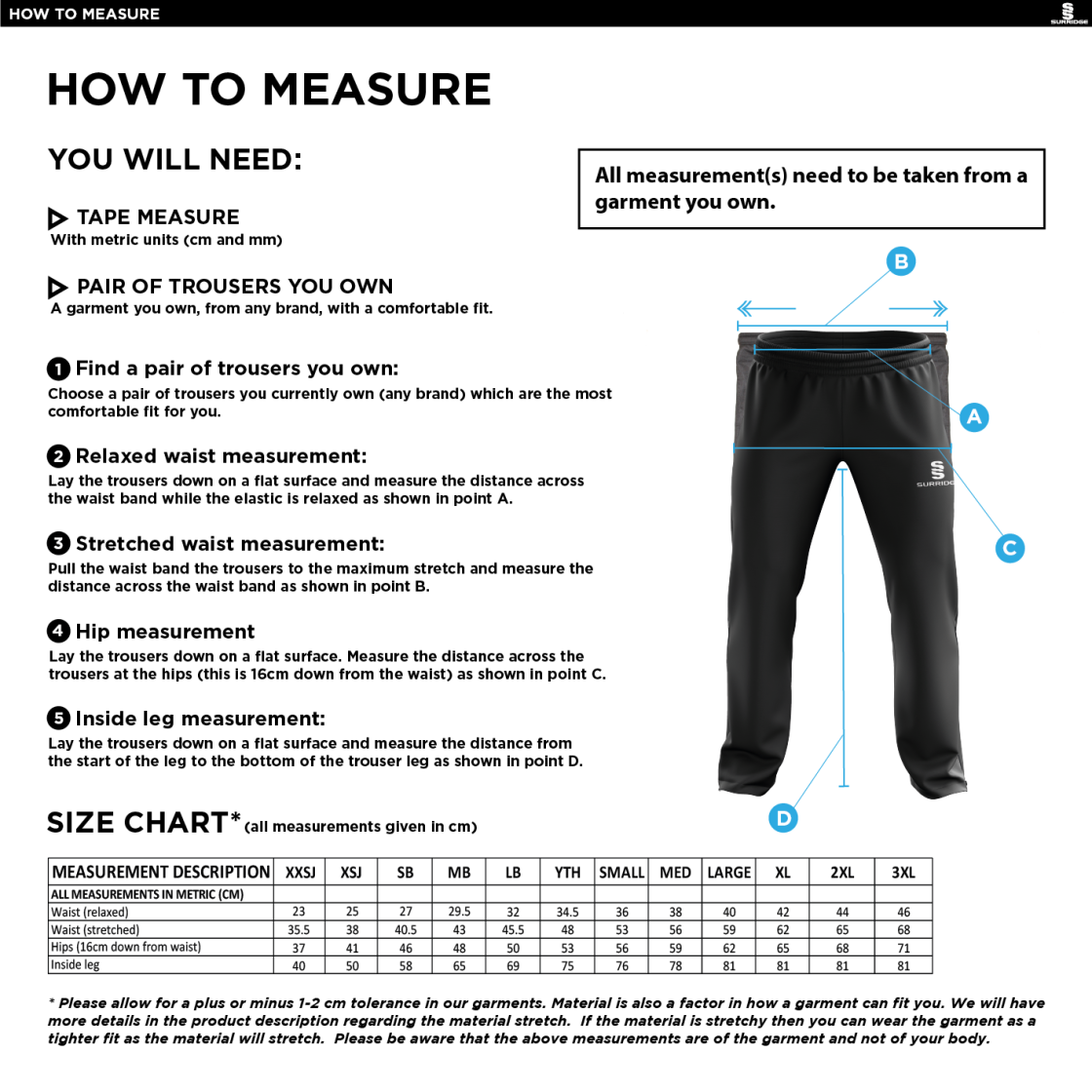 Kelburne HC - Mens Poplin Track Pant With Lycra - Size Guide
