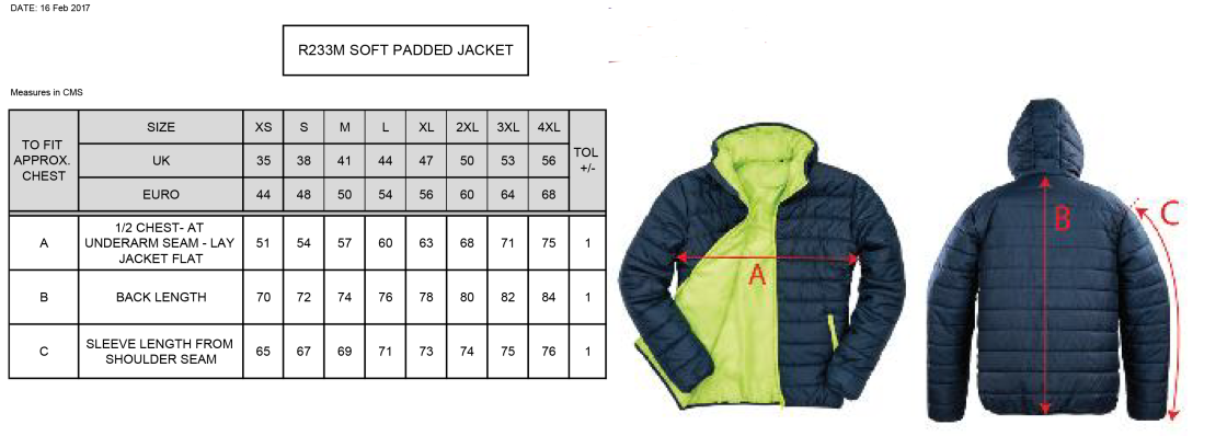 Kelburne HC - Mens Supersoft Padded Jacket : Black - Size Guide